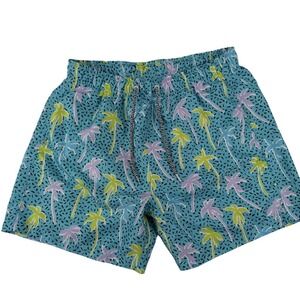 Boardies Apparel Mens L Blue Palm Tree Print Swim Trunks Mesh Lined 5 Inseam